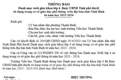 THÔNG BÁO DANH MỤC SÁCH GIÁO KHOA LỚP 4 ĐƯỢC UỶ BAN NHÂN DÂN TỈNH PHÊ DUYỆT