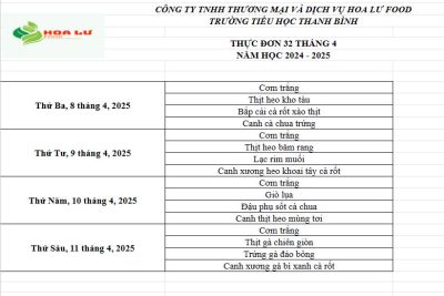 Thực đơn ăn bán trú Tuần 32 tháng 4 năm 2025 của Trường Tiểu học Thanh Bình