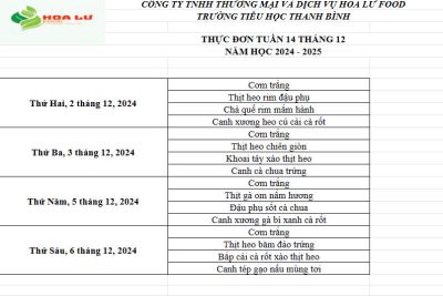 Thực Đơn ăn bán trú Tuấn 14 tháng 12 năm  2024 Trường Tiểu học thanh Bình